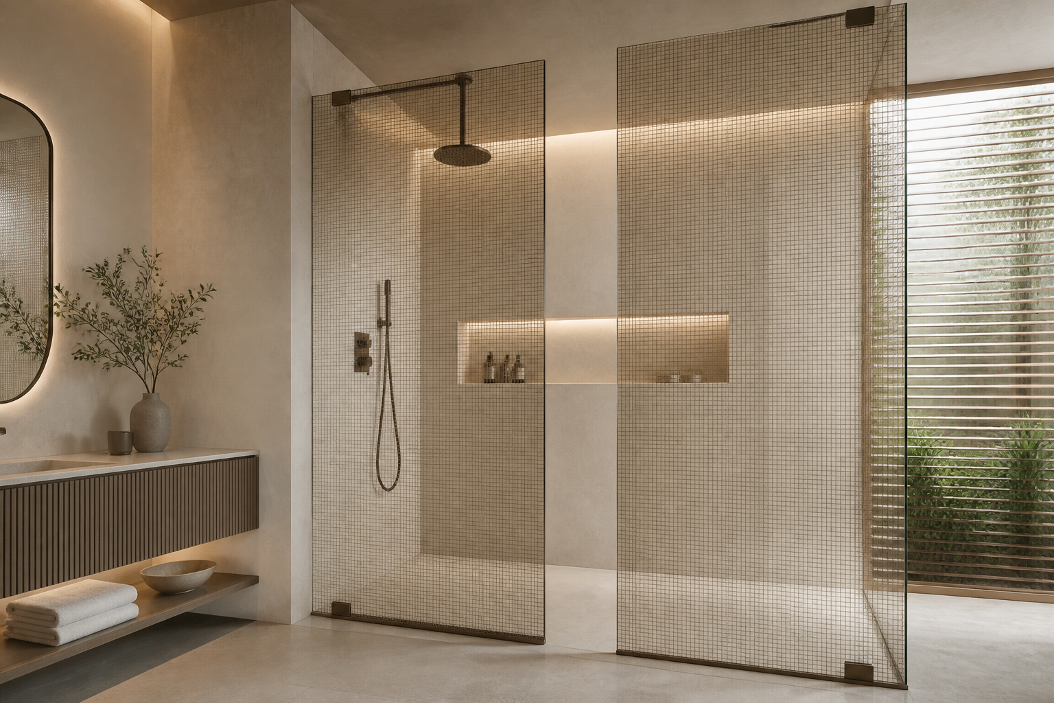 Yarı transparan bronz mesh ara katmanlı cam laminasyonlu modern duşakabin