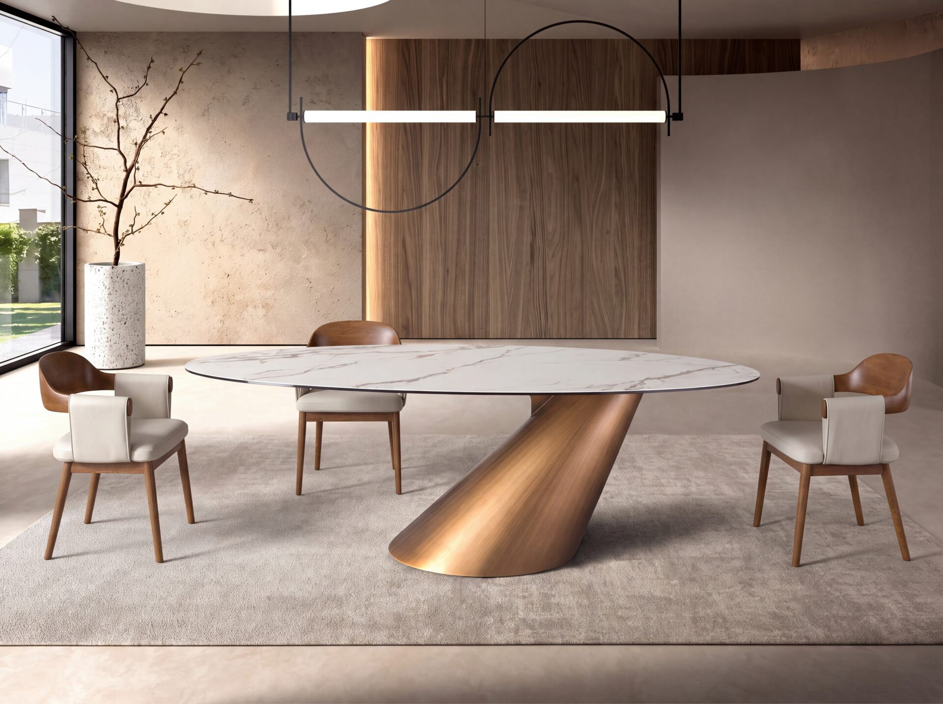 Cam laminasyonlu oval porselen masa tablasının iç mekândaki kullanımı