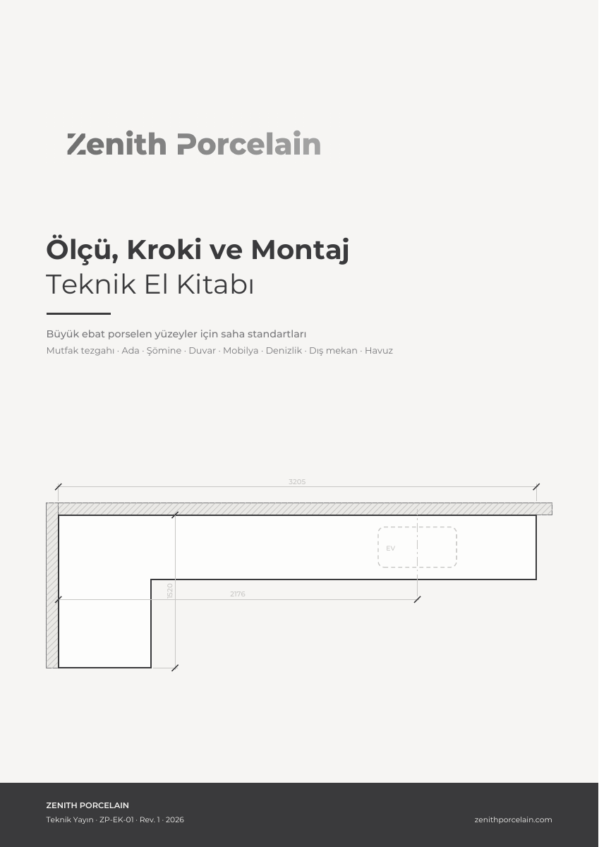 Zenith Porcelain Ölçü, Kroki ve Montaj Teknik El Kitabı kapağı ve L tezgâh krokisi