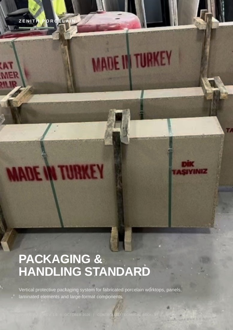 Zenith Porcelain Packaging & Handling Standard booklet cover showing upright protected components and timber bracing